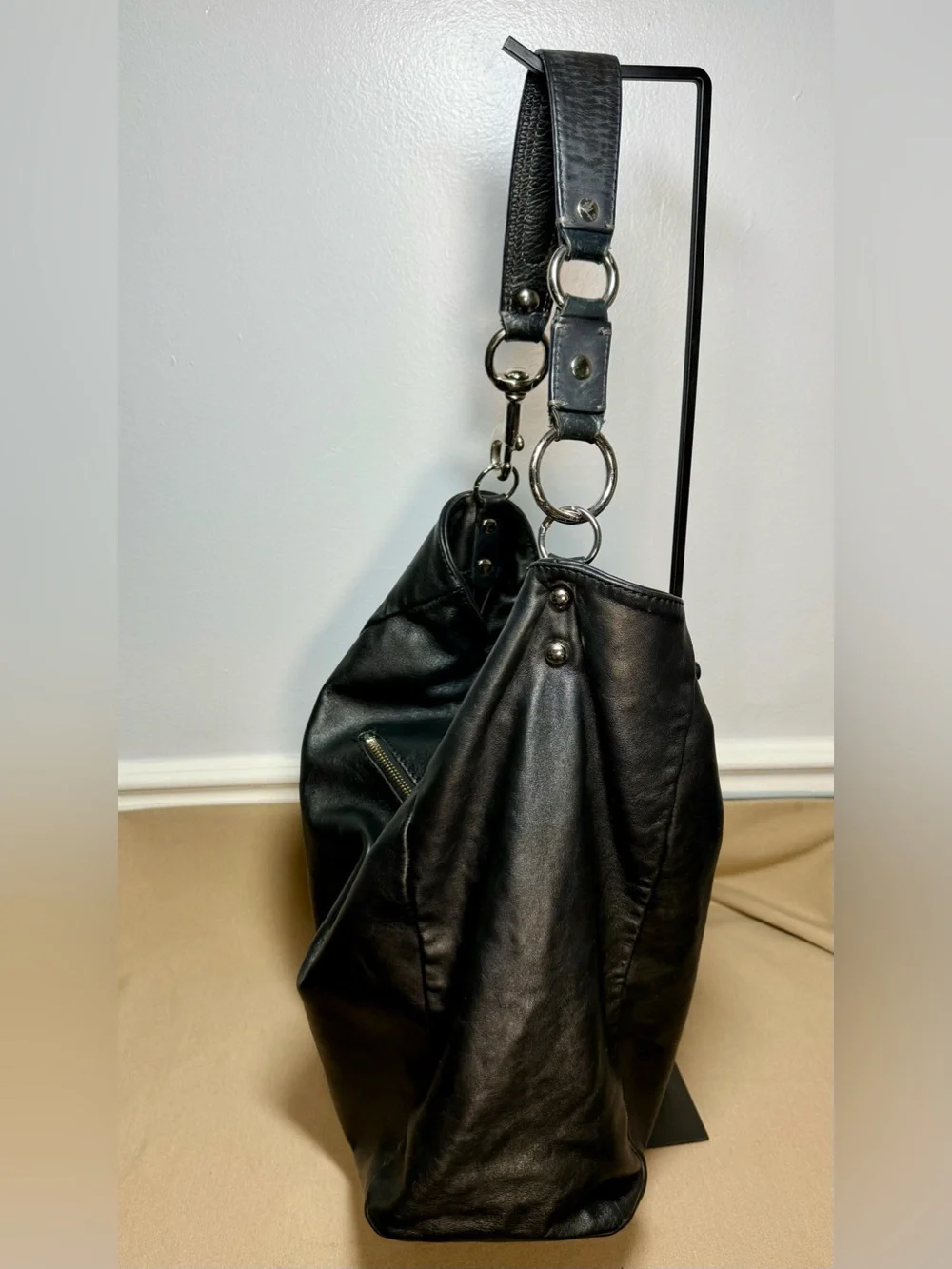 Gianni Conti Italian Black Leather Slouchy Hobo Shoulder Bag Handbag
